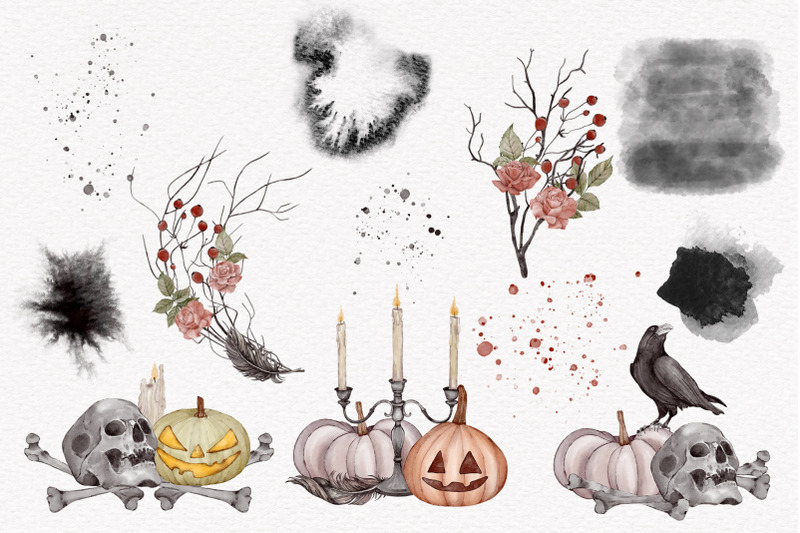 halloween-clipart-pumpkin-spooky-autumn-watercolor-skull-bat-rose-leav