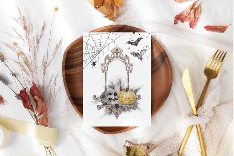 halloween-clipart-pumpkin-spooky-autumn-watercolor-skull-bat-rose-leav