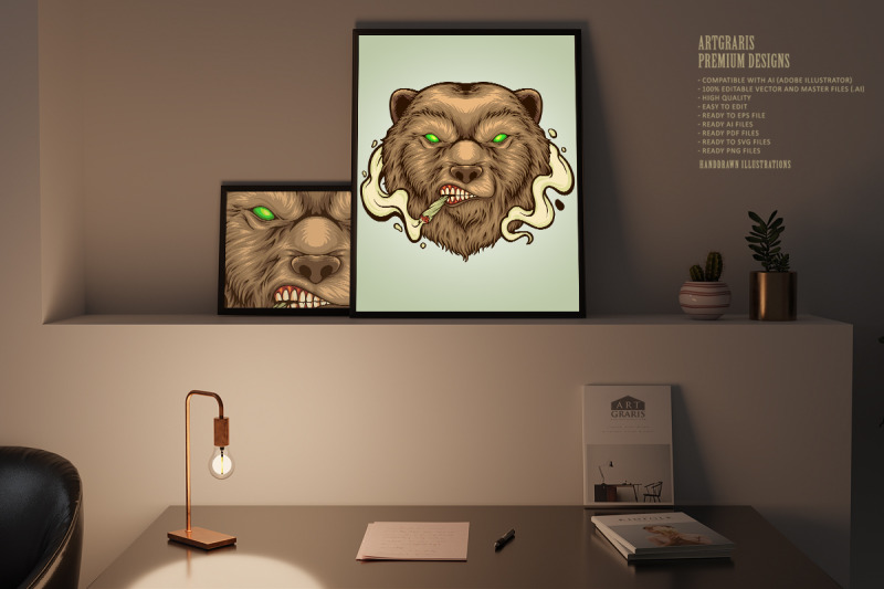 angry-bear-head-smoking-weed-illustrations