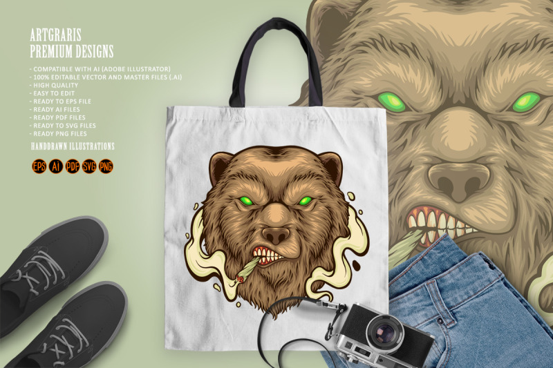 angry-bear-head-smoking-weed-illustrations