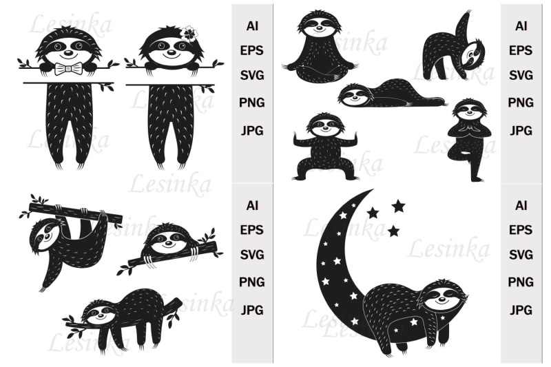 bundle-cute-characters-sloths-on-a-tree-black-stencil-svg