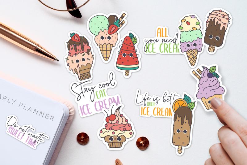 Ice Cream Kawaii Sticker Bundle12 Png Stickers Design By Kislinkaart Thehungryjpeg 1133