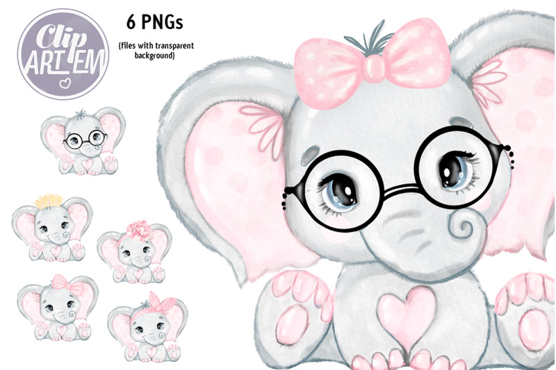 blush-pink-elephant-watercolor-6-pngs-princess-baby-elephant-set