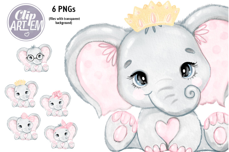 blush-pink-elephant-watercolor-6-pngs-princess-baby-elephant-set