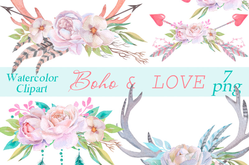 flowers-horns-watercolor-clipart-floral-antlers-boho-png