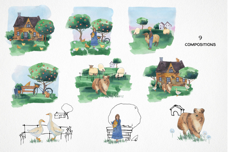 farm-life-bundle-cottagecore-clipart-watercolor-animal-illustration