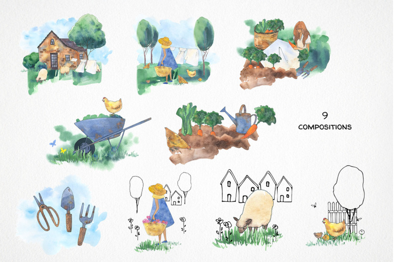 farm-life-bundle-cottagecore-clipart-watercolor-animal-illustration