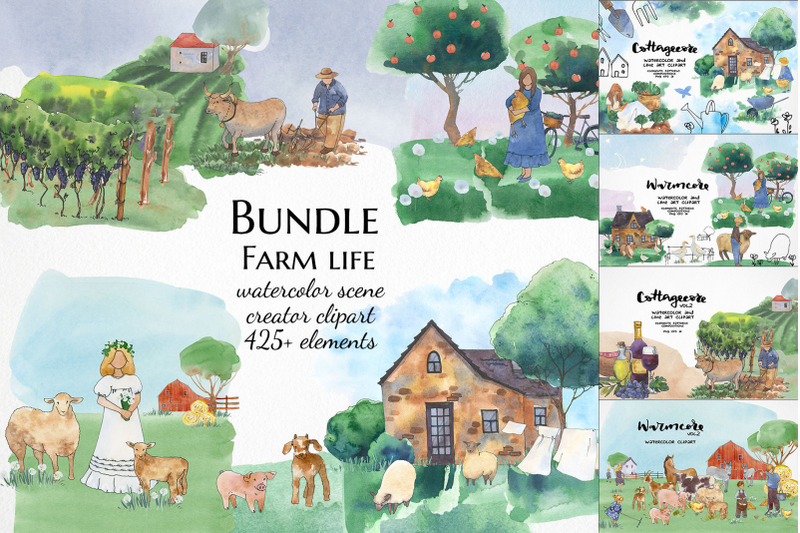 farm-life-bundle-cottagecore-clipart-watercolor-animal-illustration