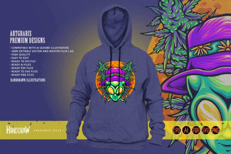 funky-alien-head-with-cannabis-leaf-illustrations