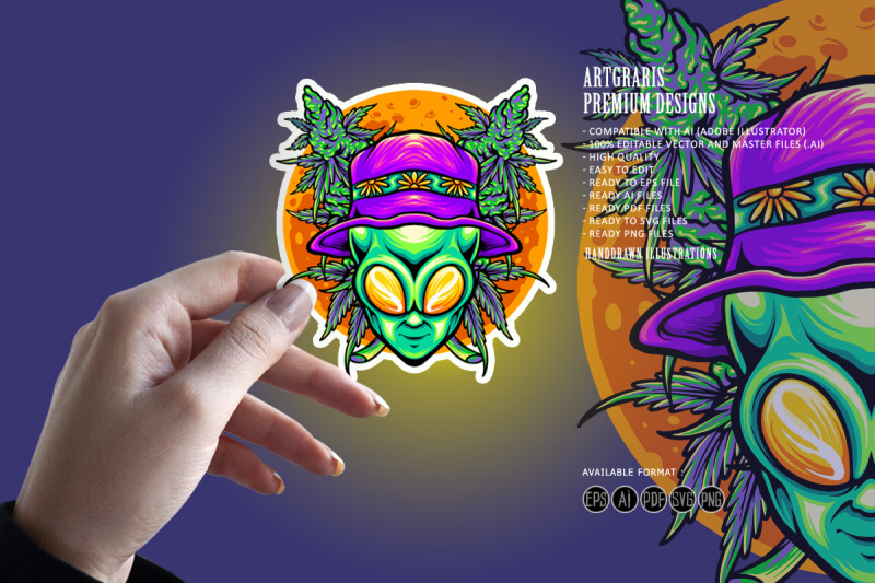 funky-alien-head-with-cannabis-leaf-illustrations