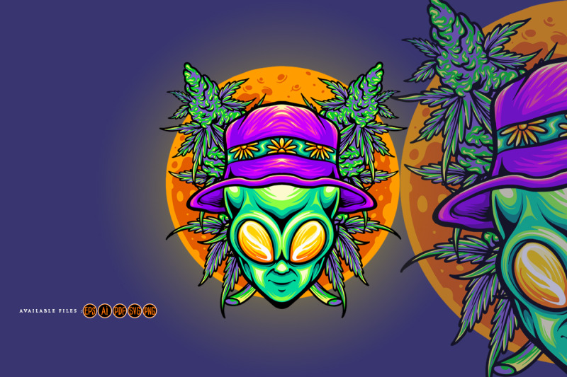 funky-alien-head-with-cannabis-leaf-illustrations