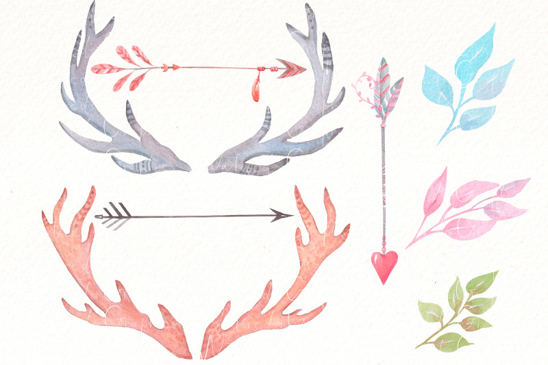 boho-flowers-watercolor-clipart-floral-antlers-horns-png