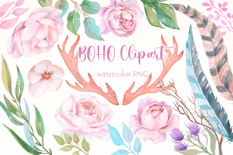 boho-flowers-watercolor-clipart-floral-antlers-horns-png