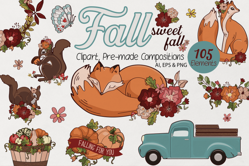 retro-autumn-animal-friends-illustrations-clipart-digital-stickers