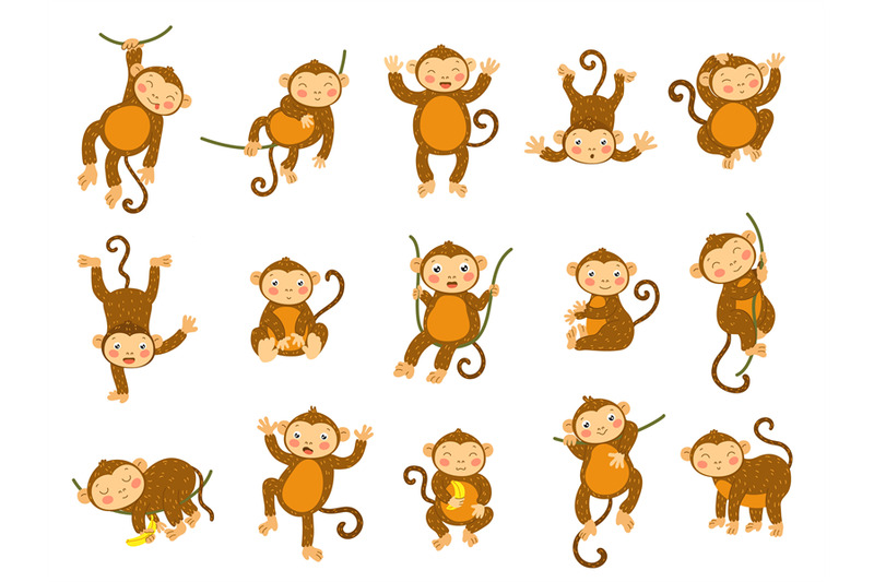 cute-monkey-cartoon-wild-animals-in-different-poses-funny-ape-monkey