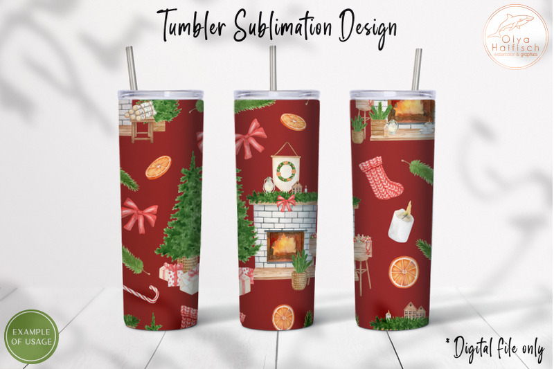 christmas-tumbler-sublimation-watercolor-winter-fireplace-wrap-png