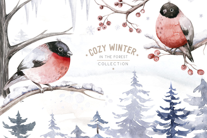 snowy-forest-watercolor-clipart-set-bullfinch-pine-png-elements