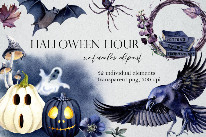 halloween-watercolor-clipart-autumn-diy-decor-gothic-flowers-spooky