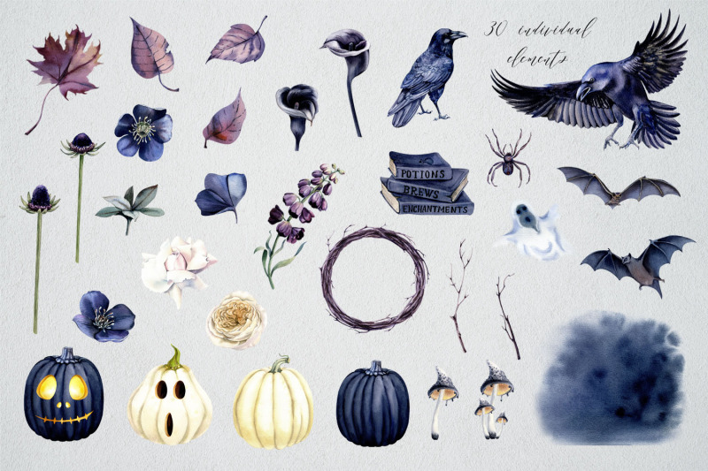halloween-watercolor-clipart-autumn-diy-decor-gothic-flowers-spooky