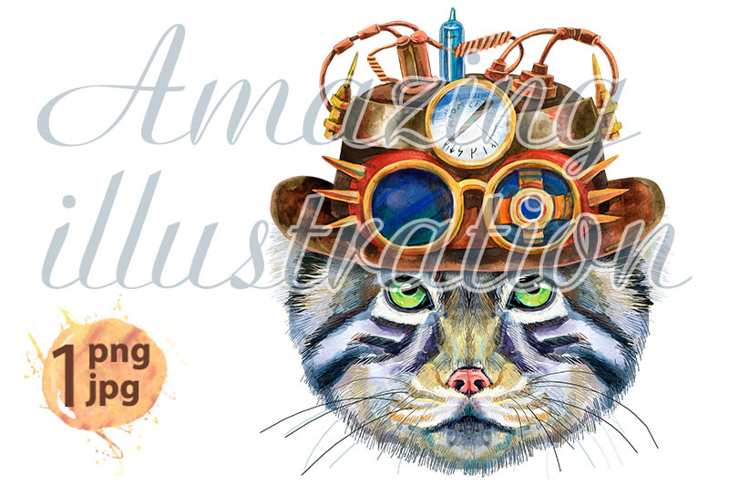 watercolor-portrait-of-a-manul-cat-in-steampunk-hat-with-goggles