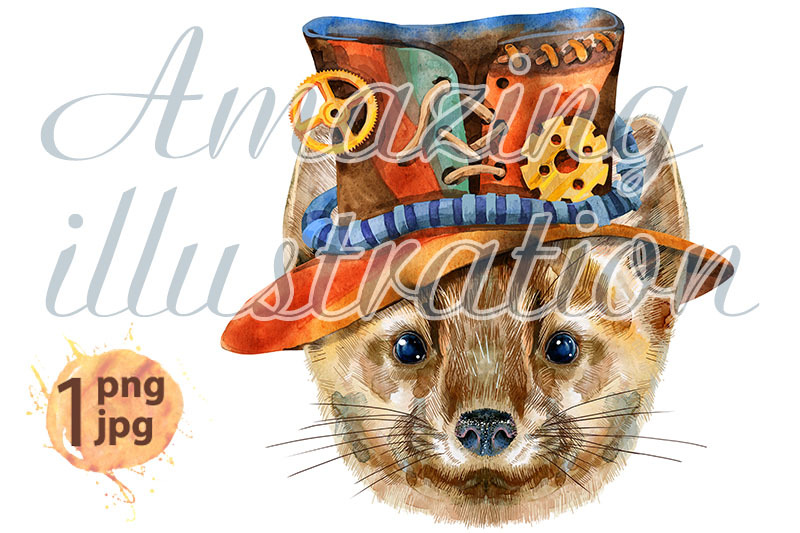 watercolor-portrait-of-a-sable-in-steampunk-hat
