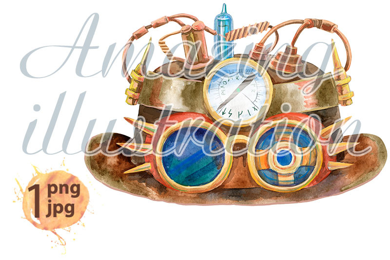 watercolor-brown-hat-with-steampunk-glasses