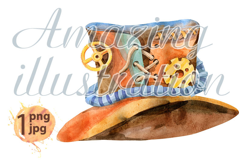 watercolor-brown-hat-with-steampunk-attributes