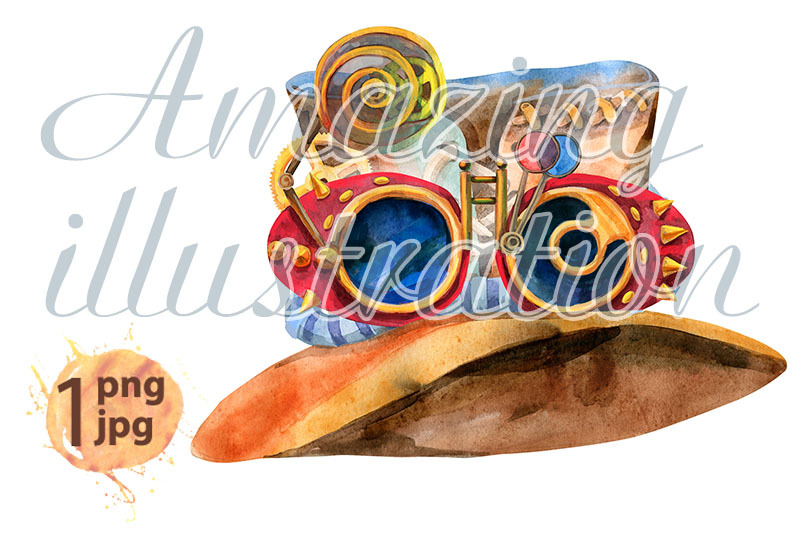 watercolor-brown-hat-with-steampunk-googles