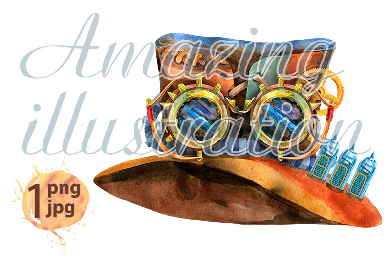 watercolor-brown-hat-with-steampunk-goggles