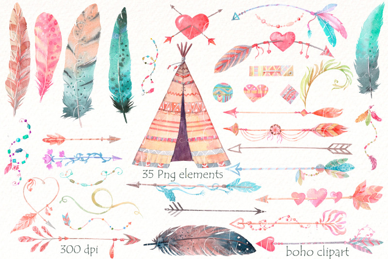 boho-arrows-watercolor-clipart-tribal-clipart-feathers-png