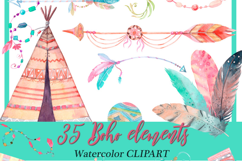 boho-arrows-watercolor-clipart-tribal-clipart-feathers-png