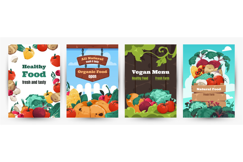 healthy-food-posters-banners-layout-with-cartoon-detailed-vegetables