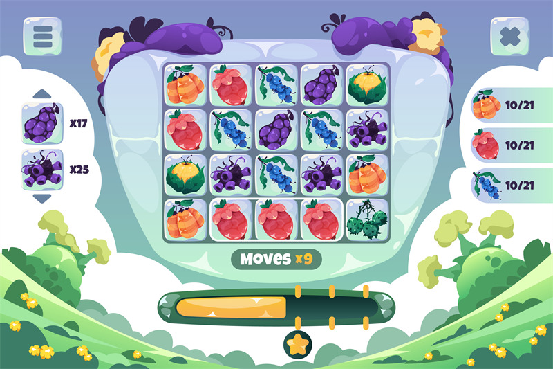 match-3-game-screen-gameplay-ui-of-cartoon-fantasy-fruits-puzzle-game