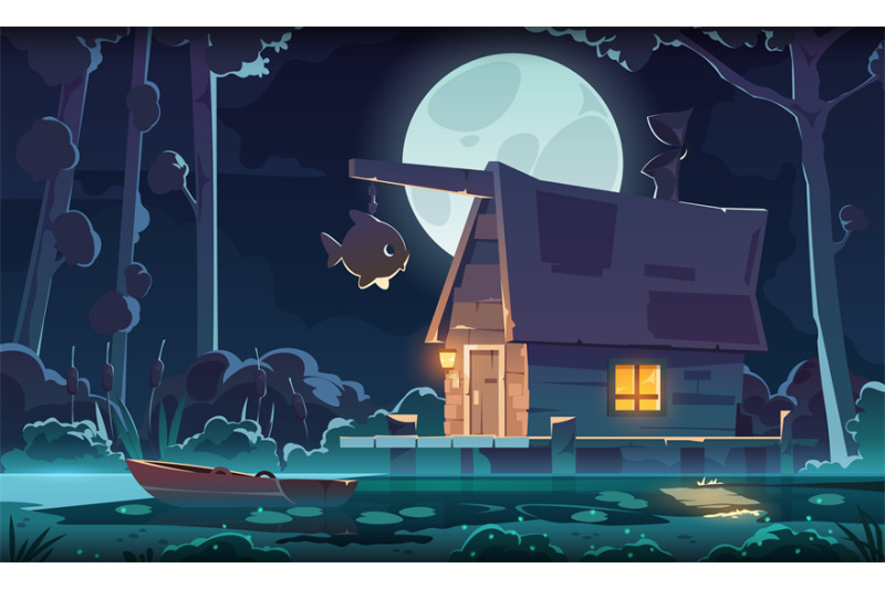 night-swamp-fantasy-background-cartoon-forest-with-wooden-cabin-stand