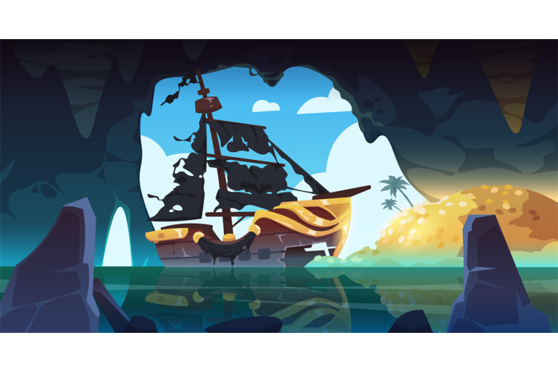 pirate-ship-in-cave-cartoon-background-with-fantasy-sea-bandits-ship