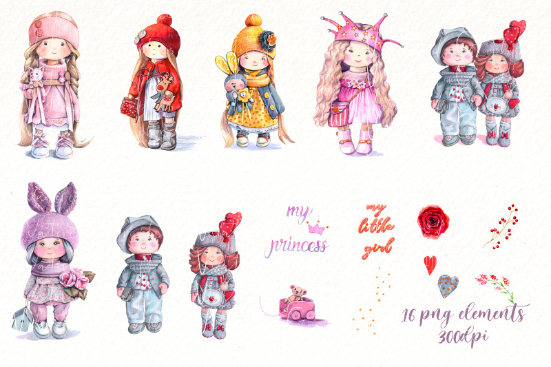 watercolor-dolls-bundle-clipart-cute-girl-png-kids-art