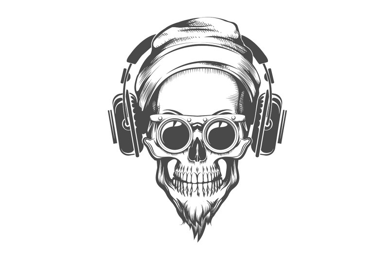 skull-with-beard-in-beanie-and-headphones-tattoo