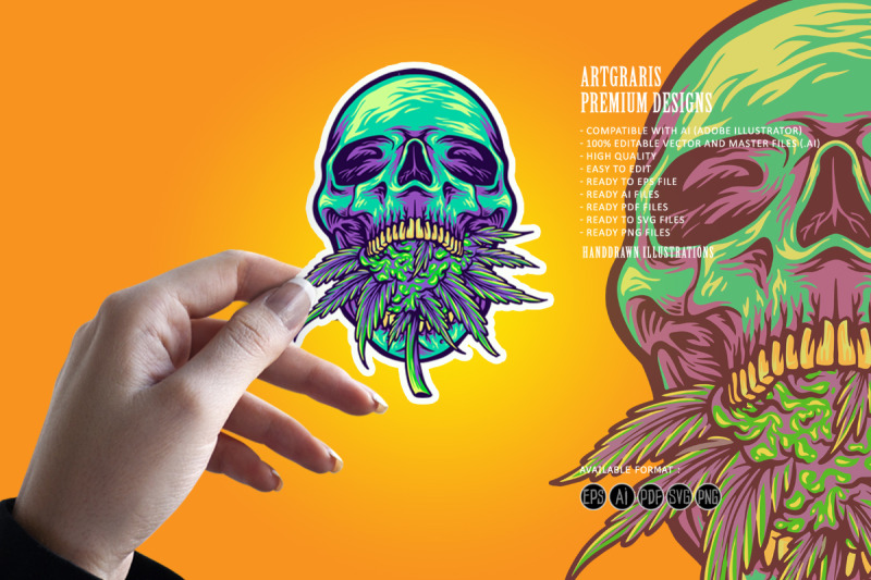 green-head-skull-with-kush-illustrations