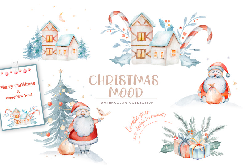 cartoon-christmas-watercolor-clipart-set-santa-new-year-tree-pines-gifts-fireplace-elements-png
