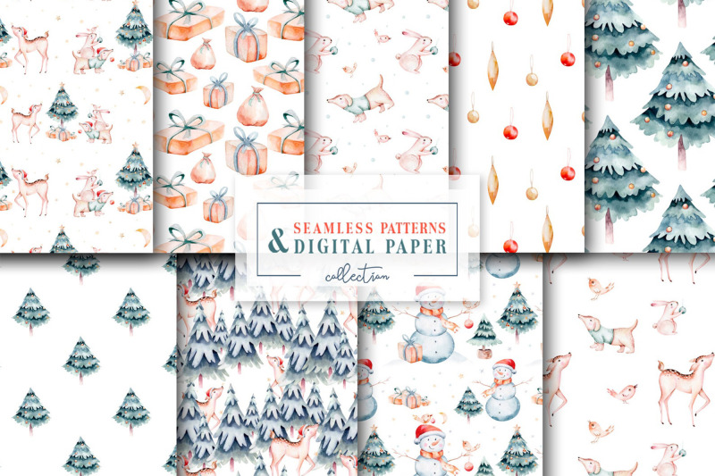 watercolor-cute-christmas-style-seamless-patterns-digital-paper-set