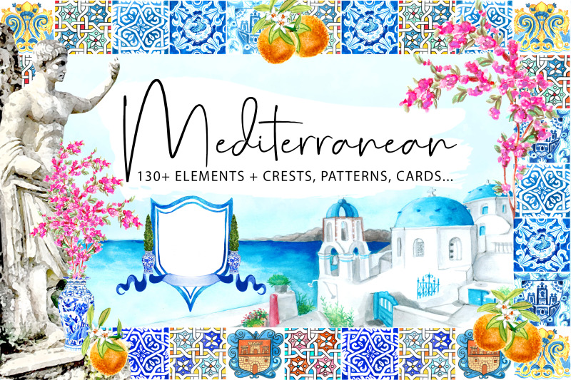 big-watercolor-mediterranean-blue-tiles-lemons-bougainvillea