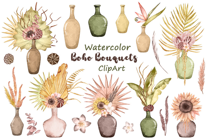 watercolor-boho-bouquets-in-vase-clipart