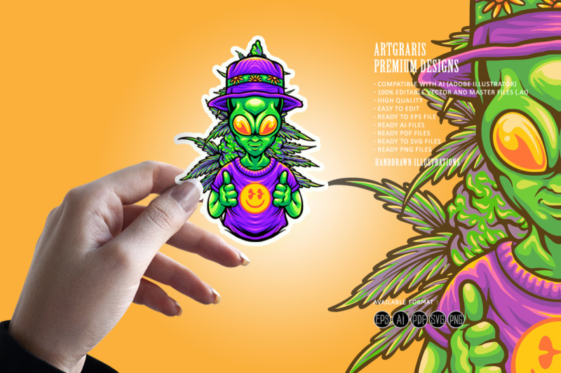 funky-alien-smile-emoticons-with-weed-leaf-illustrations