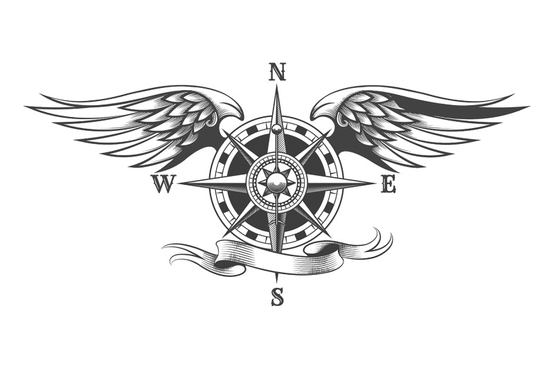 compass-with-wings-and-banner-tattoo-in-engraving-style