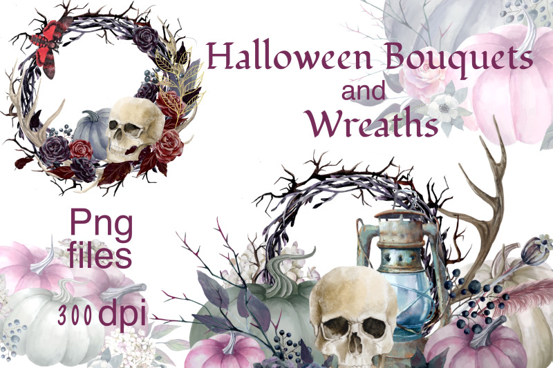 halloween-wreaths-and-bouquets-skull-pink-pumpkins-png