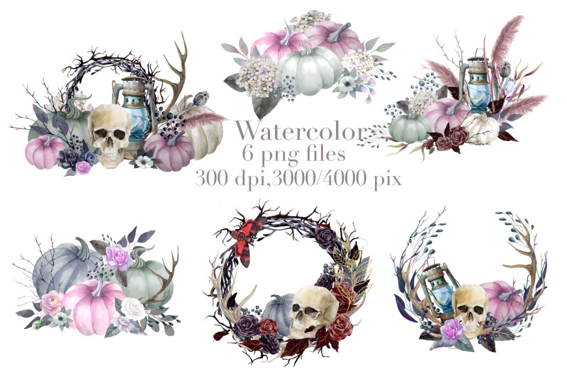 halloween-wreaths-and-bouquets-skull-pink-pumpkins-png