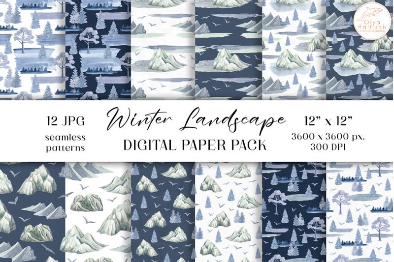 watercolor-winter-digital-paper-mountain-landscape-seamless-patterns