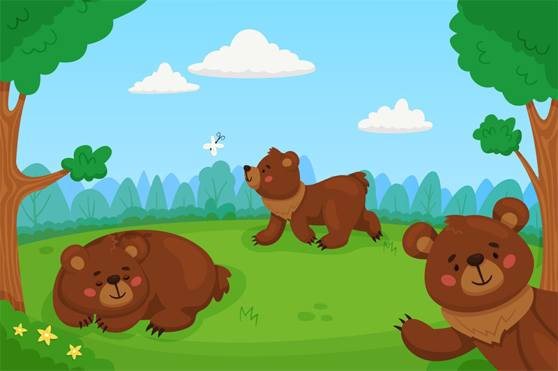 cartoon-brown-bears-in-forest-funny-mammals-in-woodland-clearing-wil