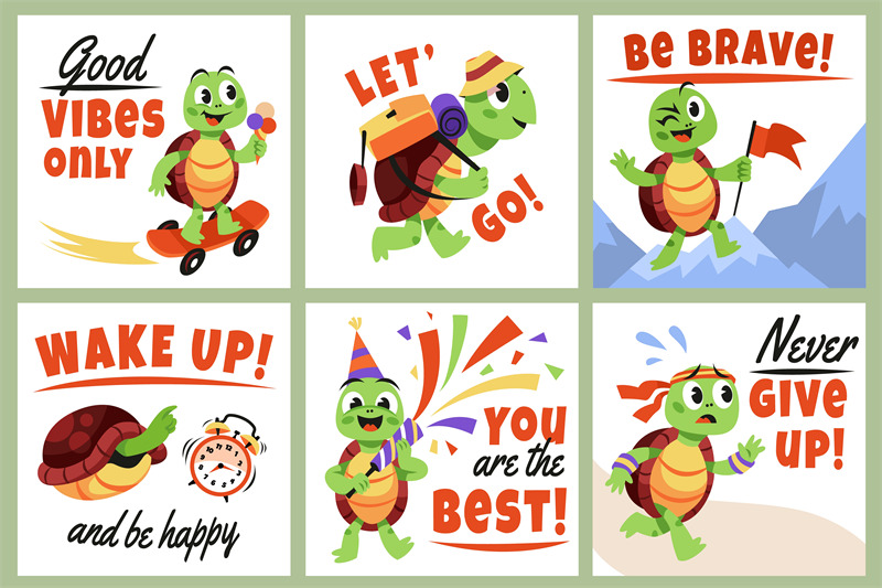 cartoon-turtle-cards-cute-little-animal-mascots-different-actions-an