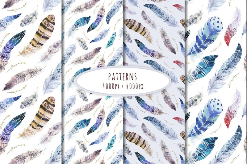 boho-feather-scrapbook-paper-watercolor-feather-native-america-pattern